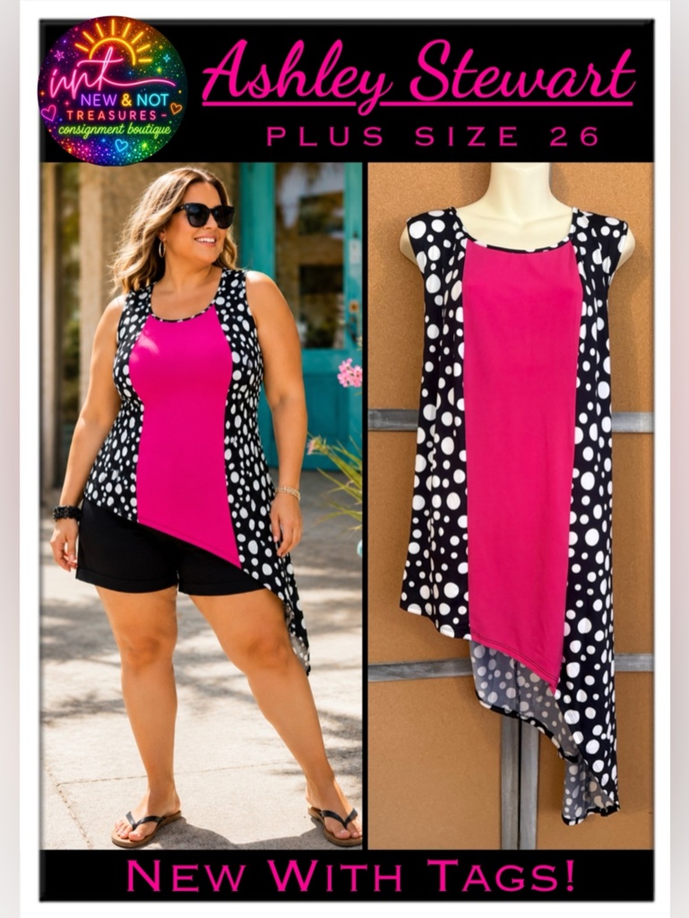 Ashley Stewart Plus Size 26 NWT Pink Polka Dot Asymmetrical Tunic Top Made USA